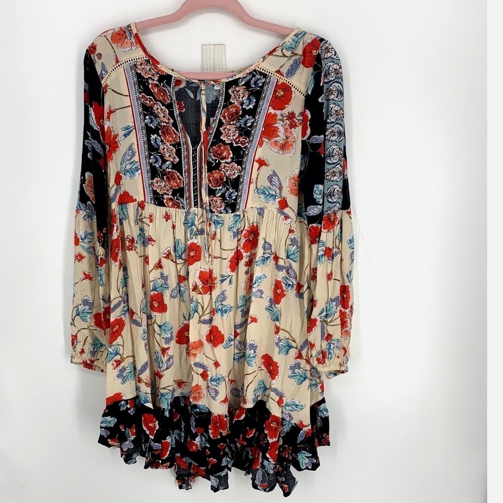Patrons of Peace Floral Mixed Print Babydoll Tunic Dress Black Red Medium - Picture 2 of 7